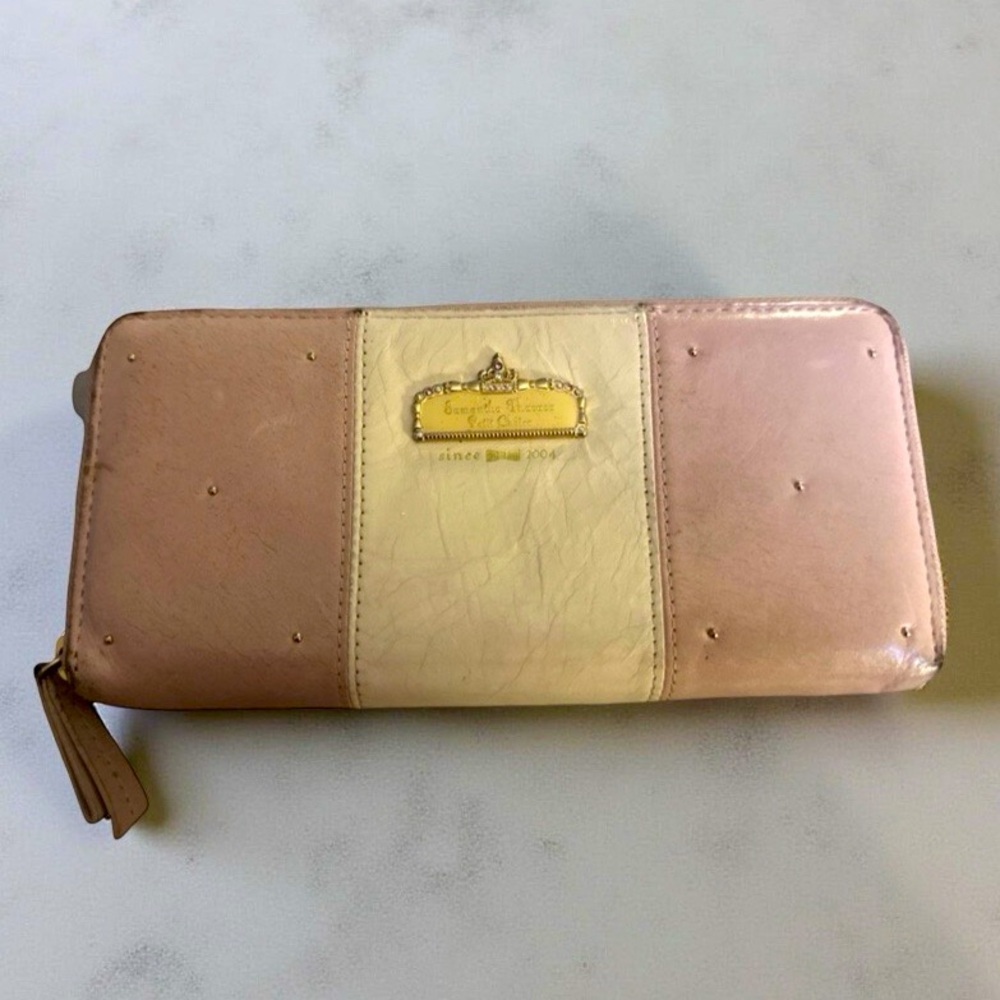 Samantha Thavasa Petit Pink Beige Leather Crown Luxury Long Zipper Wallet